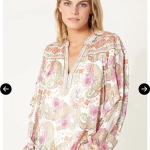 Hale Bob Paisley Print Beaded Vneck Evie Silk Women's Top - Small